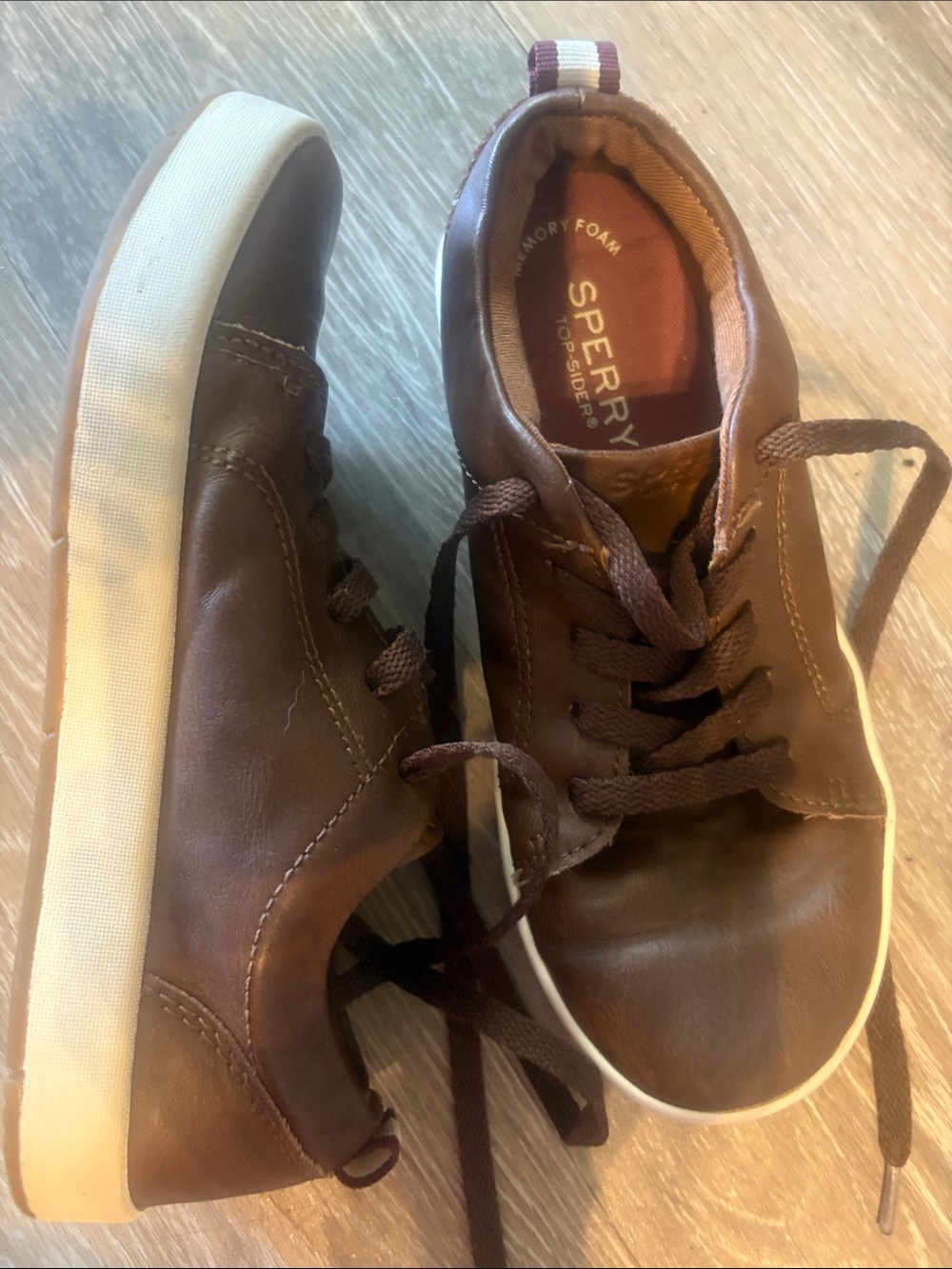 Sperry boys Brown Leather Lace-Up Sneakers with White Sole